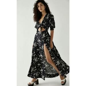 Free People String of Hearts Black Floral Midi Cutout Dress